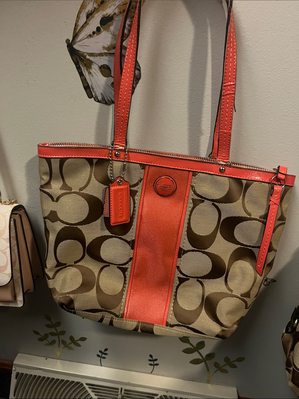 Coach Brown Signature Canvas Tote with Coral Trim